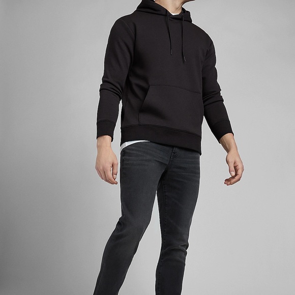EXPRESS Solid Double Knit Relaxed Hoodie - BLACK - Picture 2 of 9